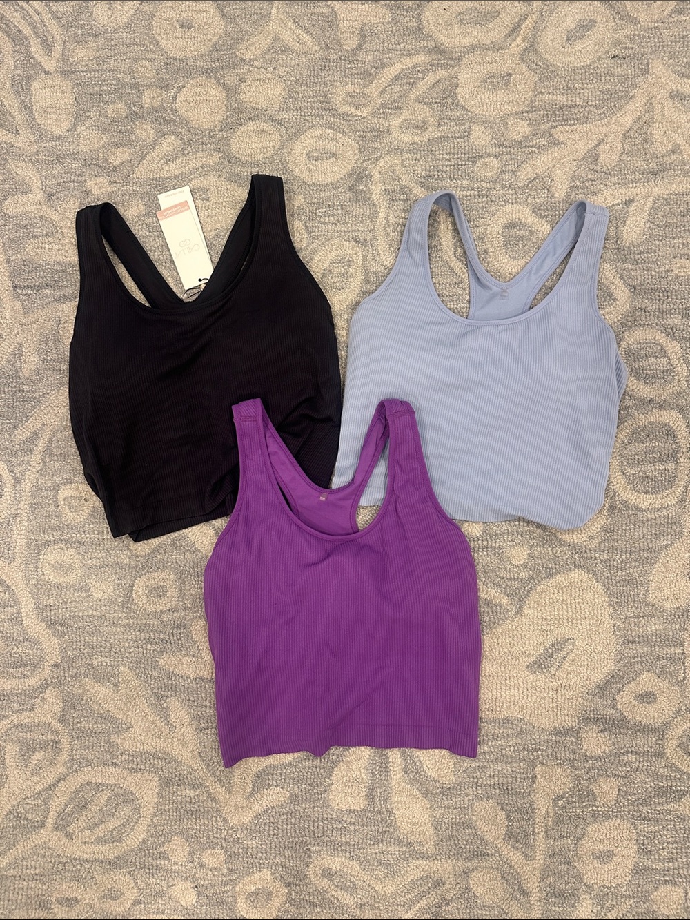 Lot of 3 Calia Ribbed Scoop Crop Tops — Black, Light Blue, Purple